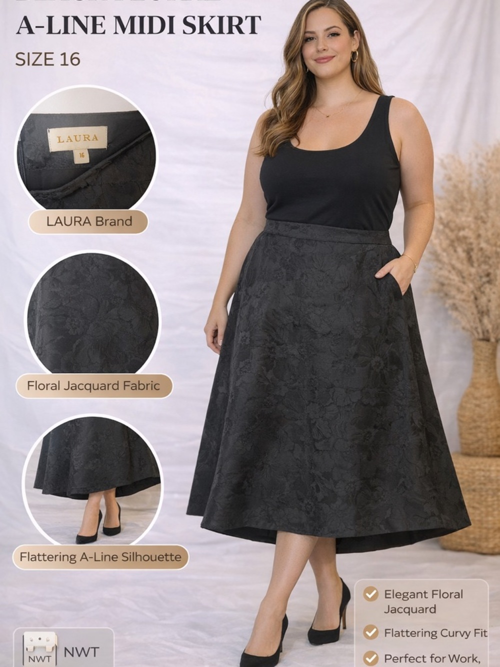 Aura Black Floral Jacquard A-Line Midi Skirt